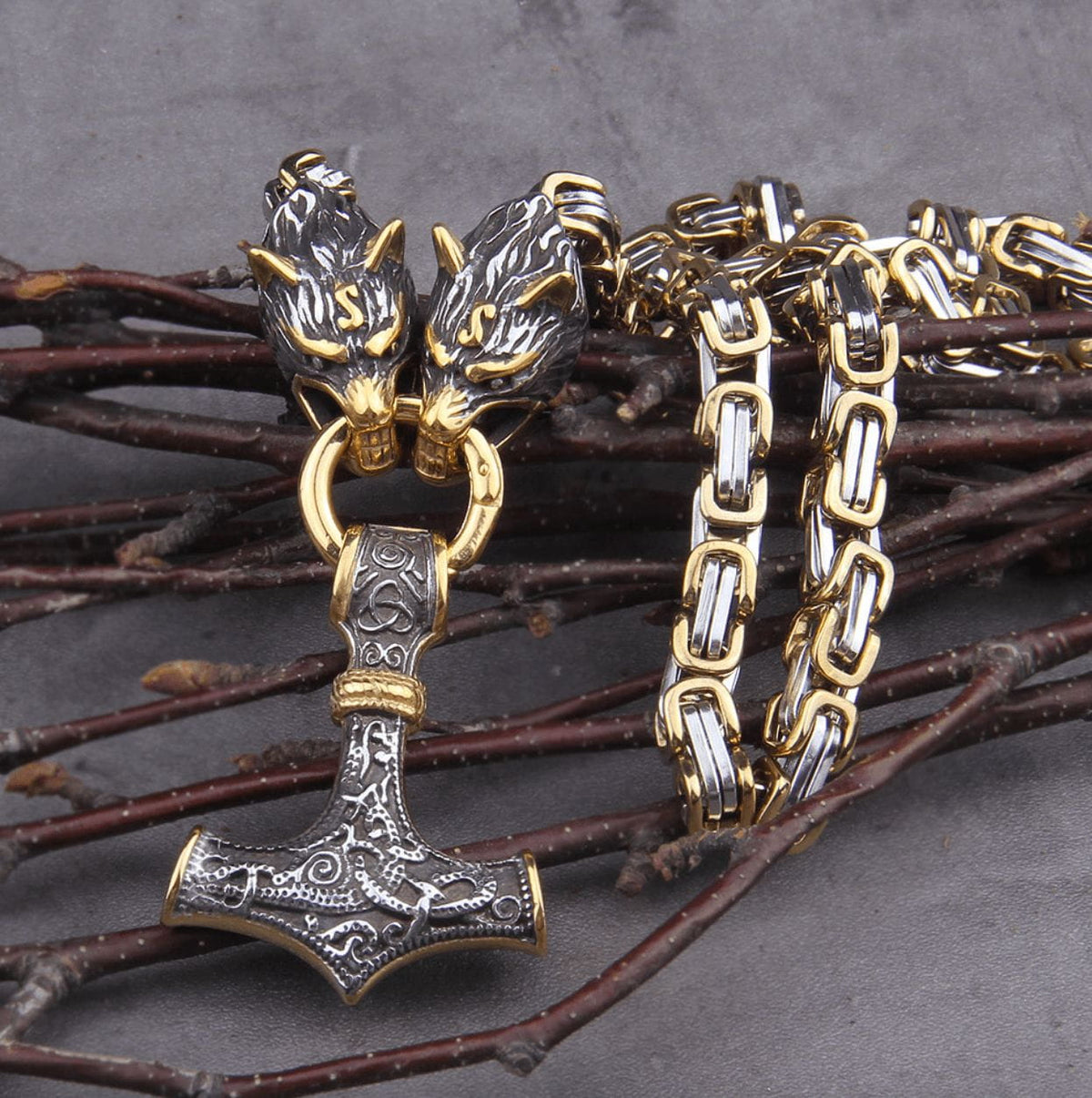 Fenrir Sun-Eater Wolf of Ragnarok Mjolnir King’s Chain in Gold &amp; Steel.-2