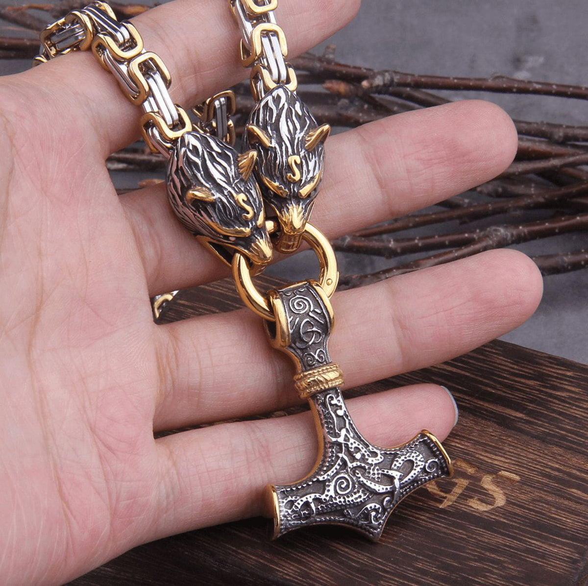 Fenrir Sun-Eater Wolf of Ragnarok Mjolnir King’s Chain in Gold &amp; Steel.-4