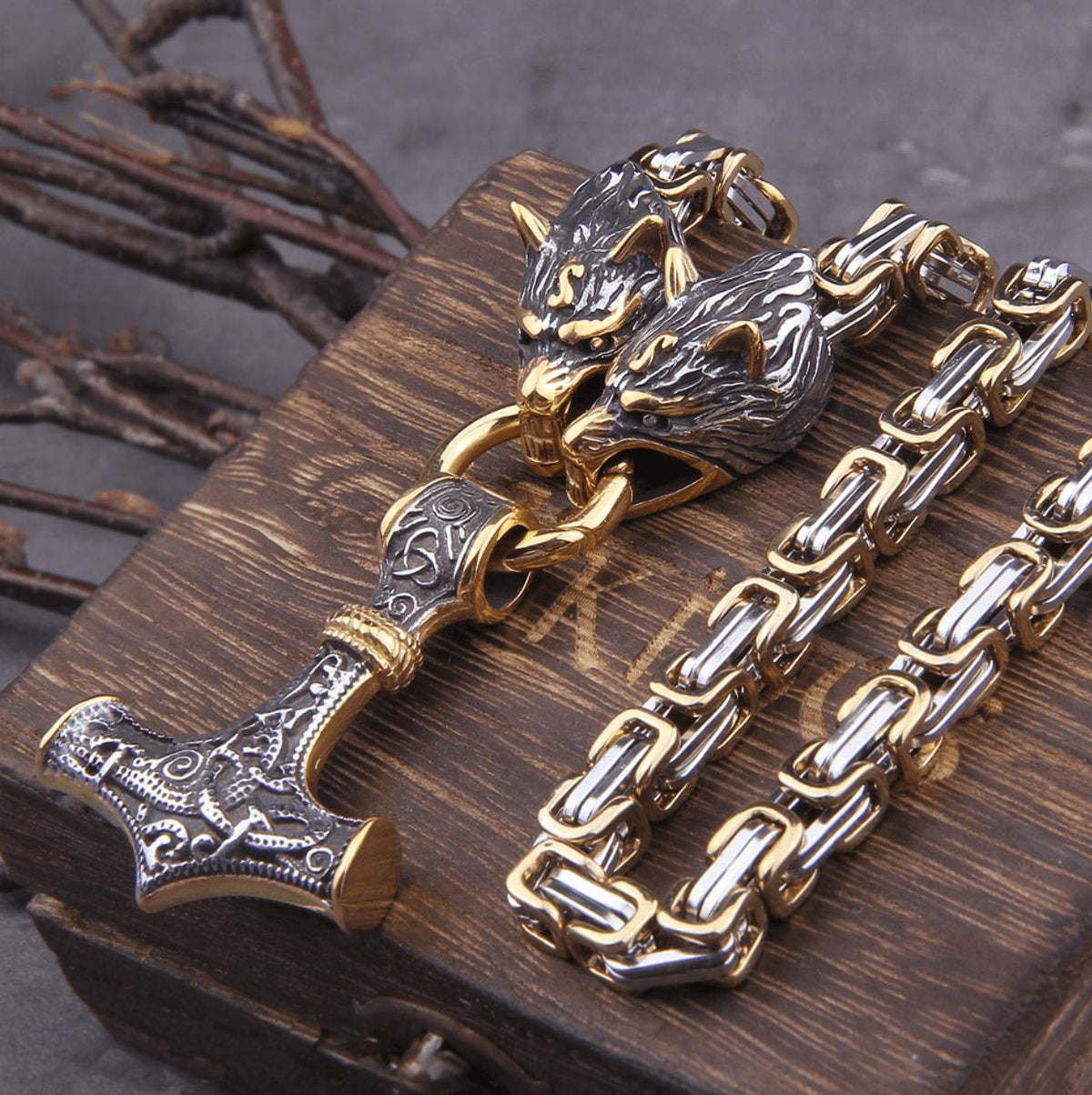 Fenrir Sun-Eater Wolf of Ragnarok Mjolnir King’s Chain in Gold &amp; Steel.-7