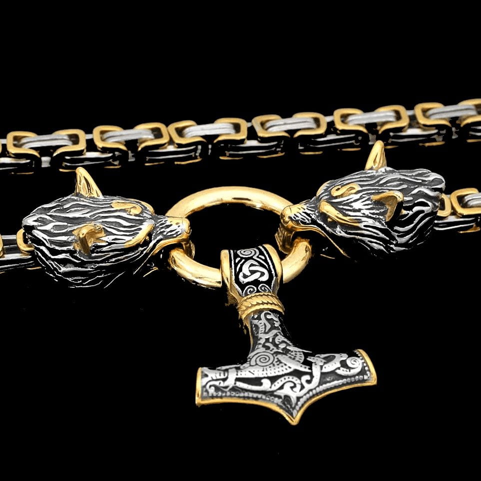 Gilt-Edged Wolf’s Head Thor’s Hammer Viking Mjolnir Necklace King's Chain - Gold & Steel
