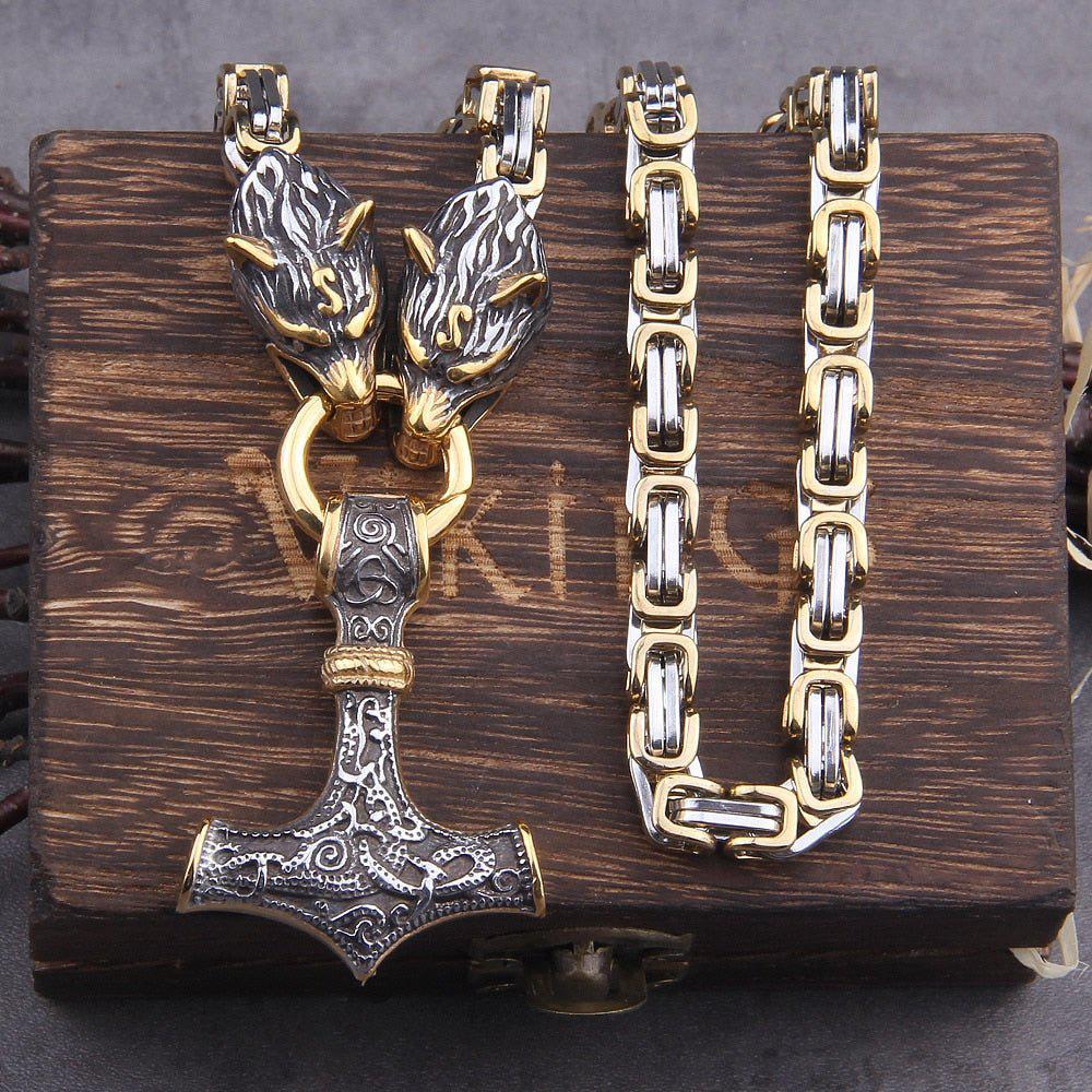 Gilt-Edged Wolf’s Head Thor’s Hammer Viking Mjolnir Necklace King's Chain - Gold & Steel