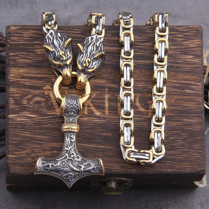 Gilt-Edged Wolf’s Head Thor’s Hammer Viking Mjolnir Necklace King's Chain - Gold & Steel