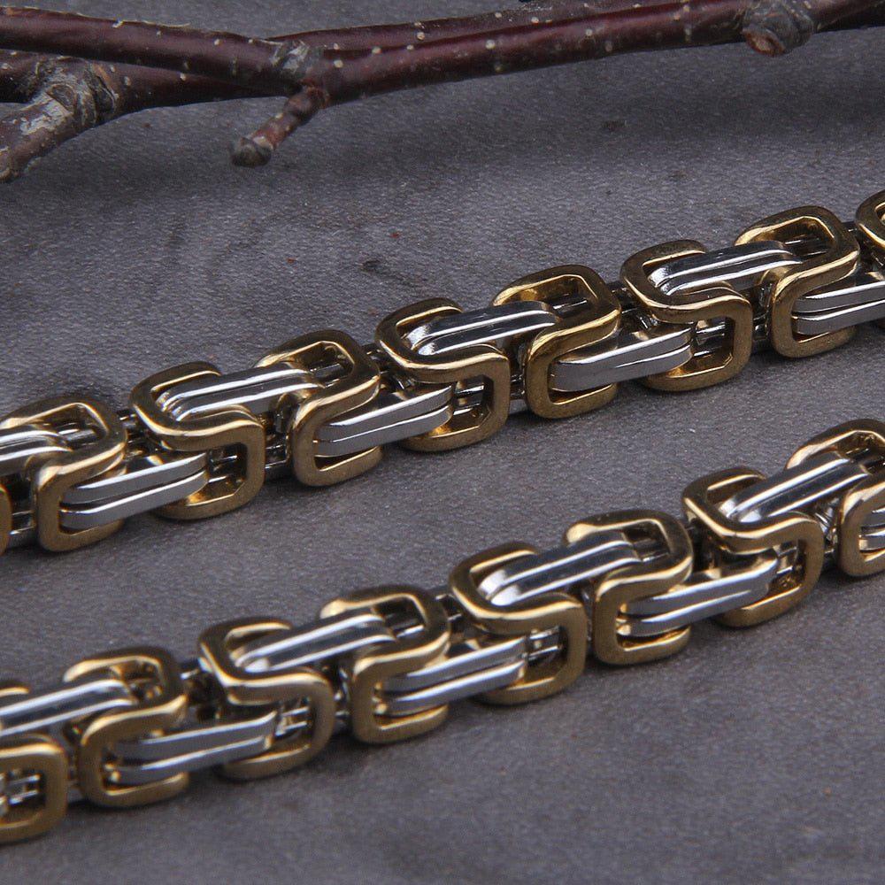 Gilt-Edged Wolf’s Head Thor’s Hammer Viking Mjolnir Necklace King's Chain - Gold & Steel