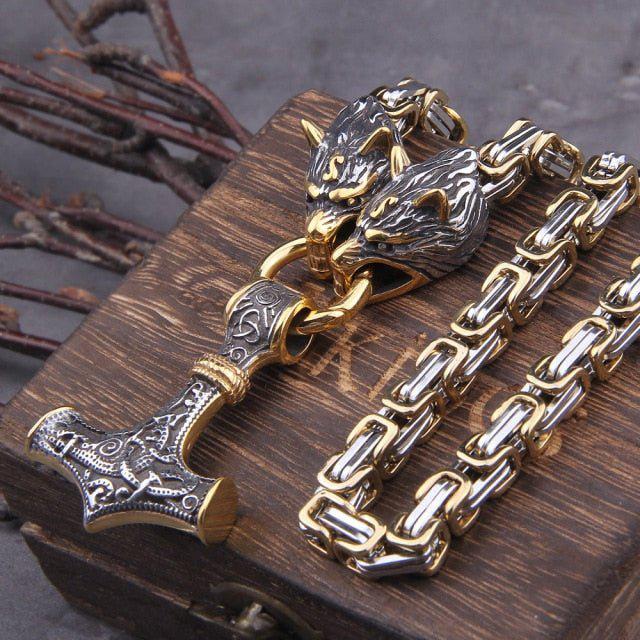 Gilt-Edged Wolf’s Head Thor’s Hammer Viking Mjolnir Necklace King&#39;s Chain - Gold &amp; Steel