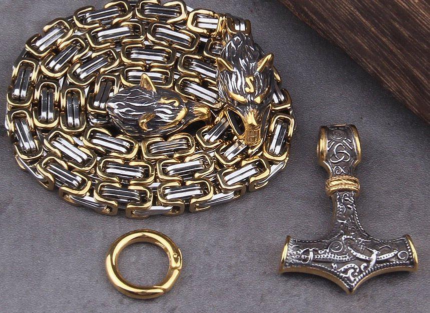 Gilt-Edged Wolf’s Head Thor’s Hammer Viking Mjolnir Necklace King's Chain - Gold & Steel-6