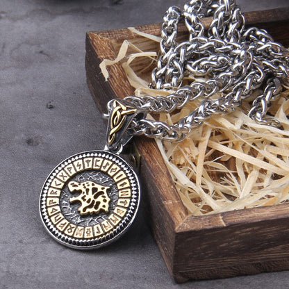 Gold and Steel Viking Fenrir Wolf Futhark Necklace