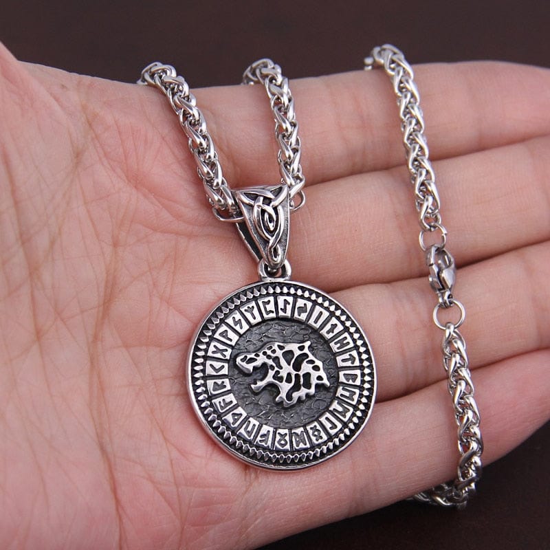 Gold and Steel Viking Fenrir Wolf Futhark Necklace