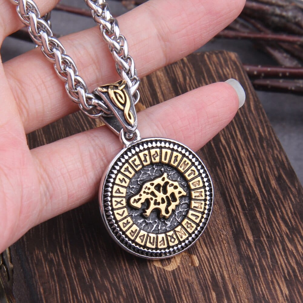 Gold and Steel Viking Fenrir Wolf Futhark Necklace