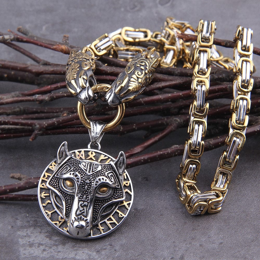 Gold Fenrir Wolf Medallion Odin's Chain Necklace
