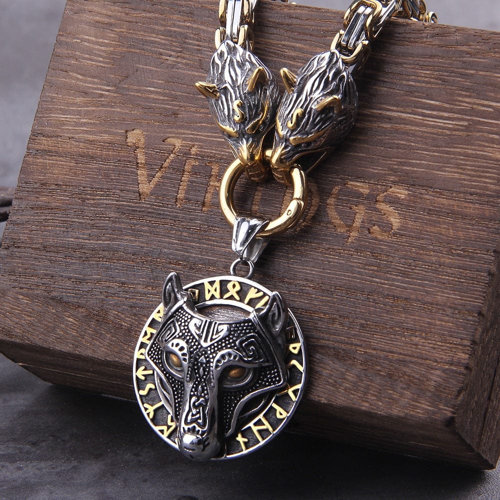 Gold Fenrir Wolf Medallion Odin's Chain Necklace