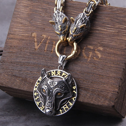 Gold Fenrir Wolf Medallion Odin's Chain Necklace