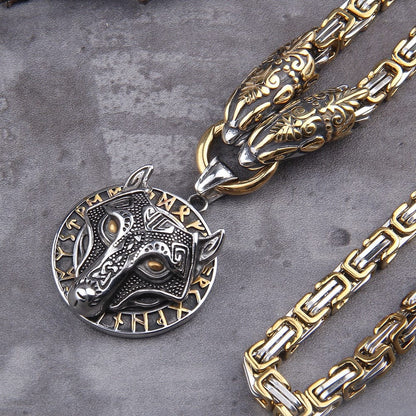Gold Fenrir Wolf Medallion Odin's Chain Necklace