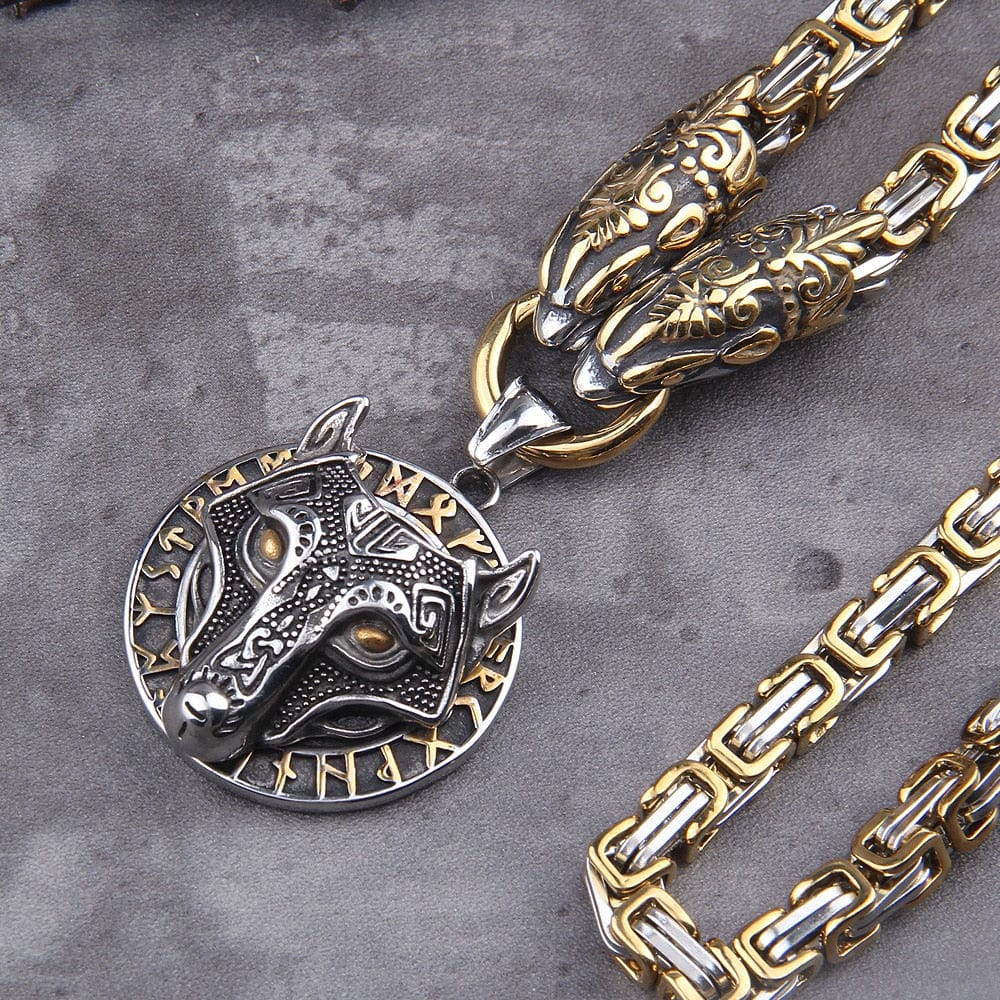 Gold Fenrir Wolf Medallion Odin&#39;s Chain Necklace