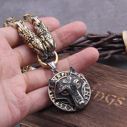 Gold Fenrir Wolf Medallion Odin's Chain Necklace