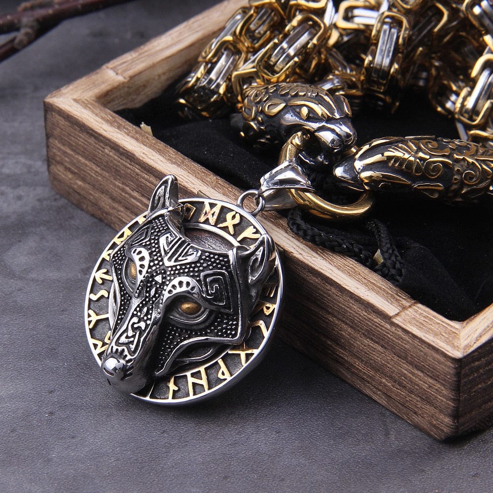 Gold Fenrir Wolf Medallion Odin's Chain Necklace