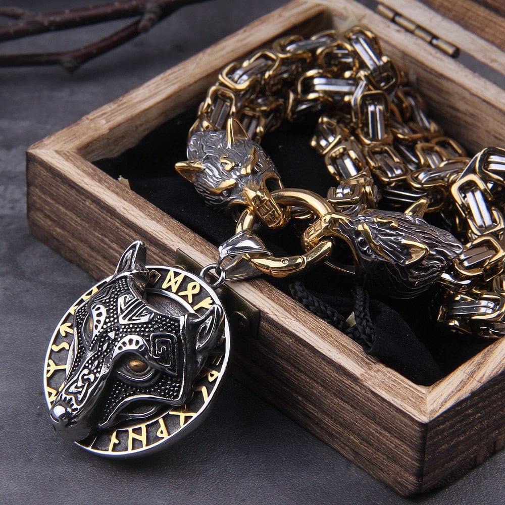 Gold Fenrir Wolf Medallion Odin's Chain Necklace