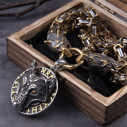 Gold Fenrir Wolf Medallion Odin's Chain Necklace