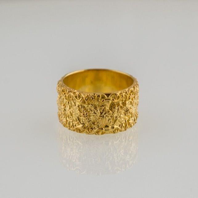 Gold Ring with Flower Ornament Unique Handmade Jewelry-2