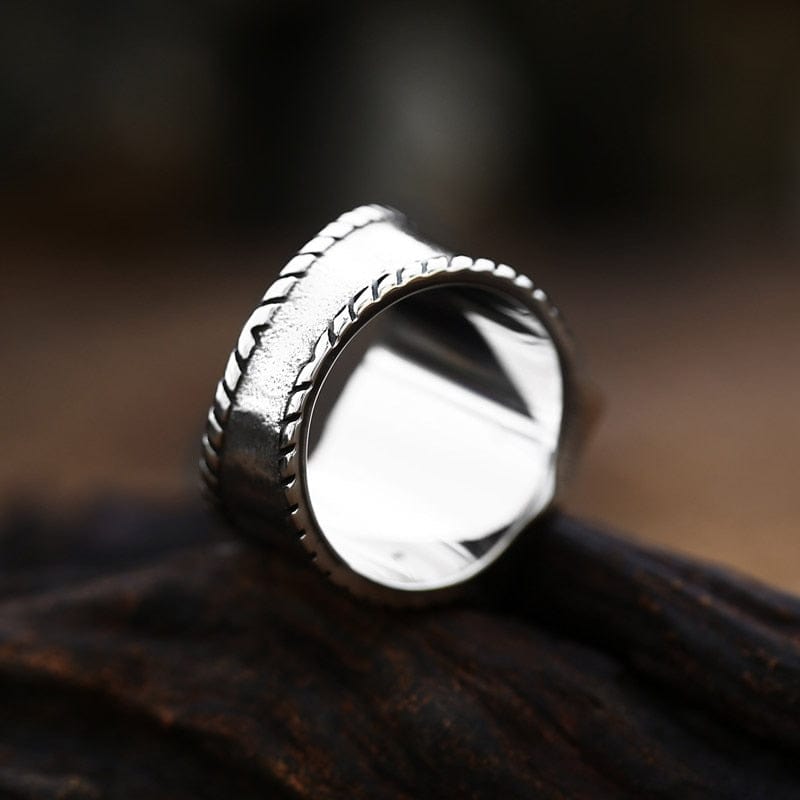 Mjolnir Ring side view with Norse details and runic style patterns