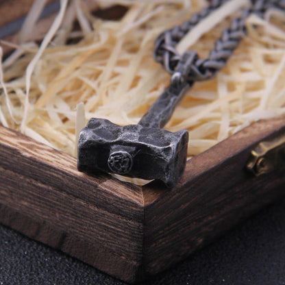 Hammered Iron Thor's Hammer Mjolnir Pendant Necklace-7