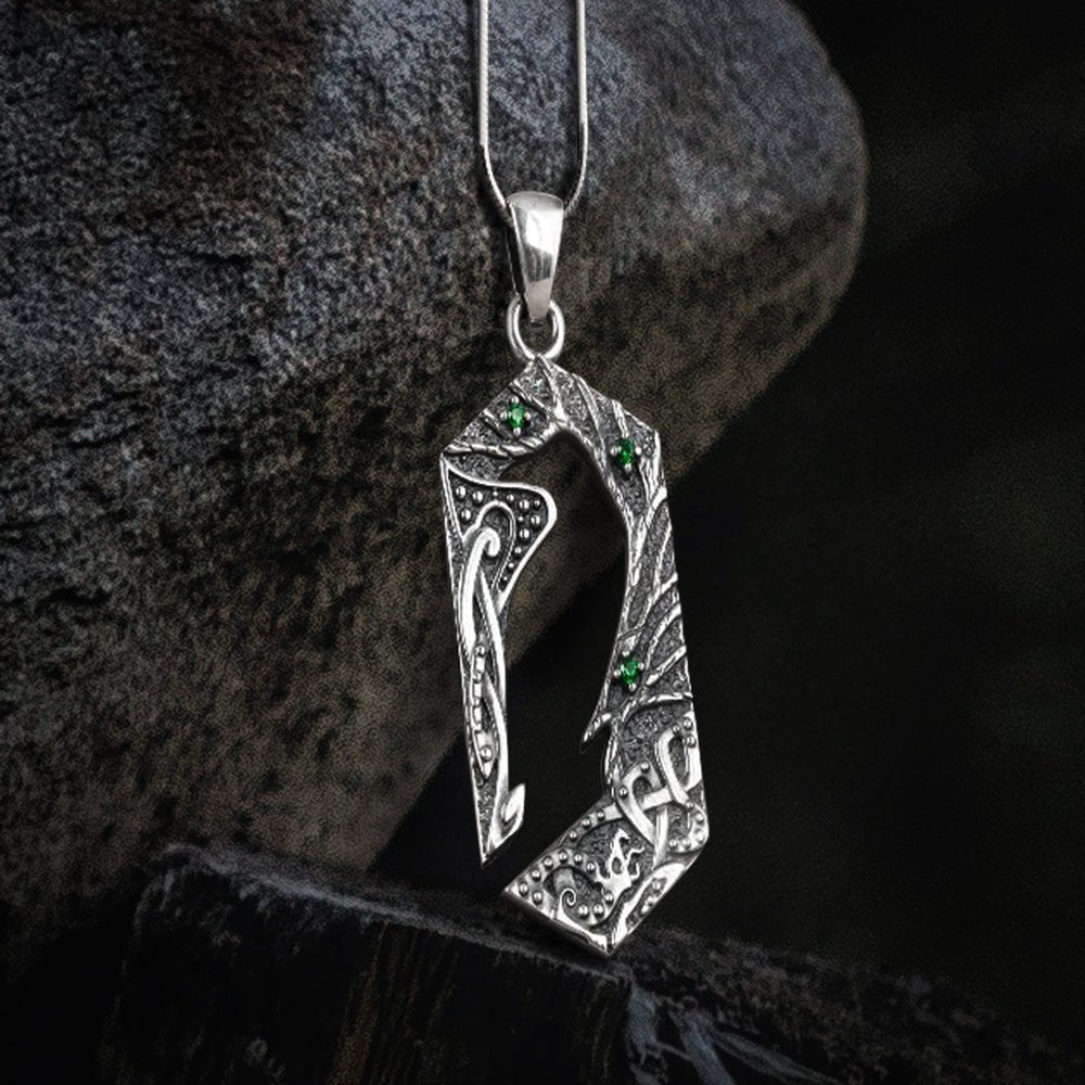 Handcrafted 925 silver Raven pendant with gems and ornament, unique Viking jewelry-1