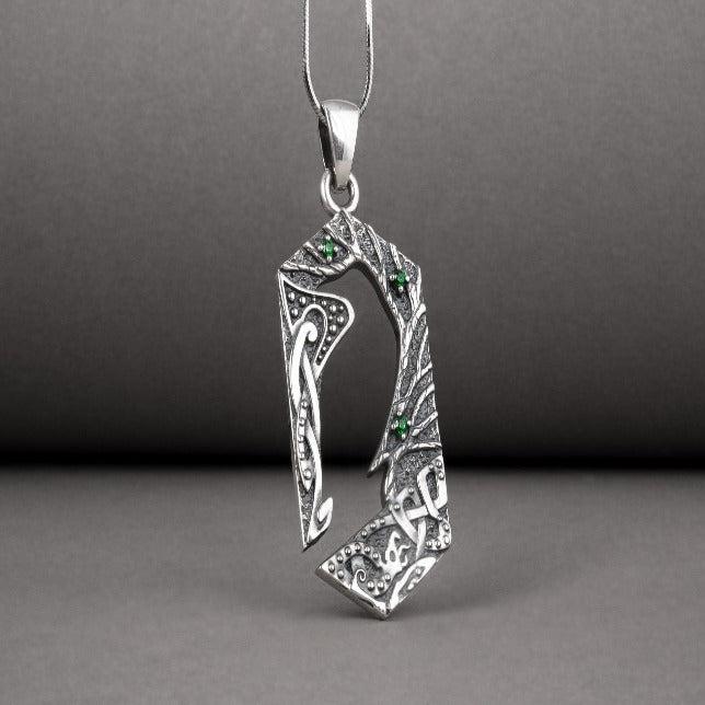 Handcrafted 925 silver Raven pendant with gems and ornament, unique Viking jewelry-2