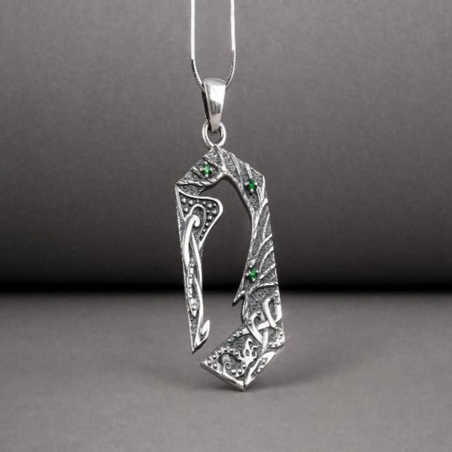 Handcrafted 925 silver Raven pendant with gems and ornament, unique Viking jewelry-3