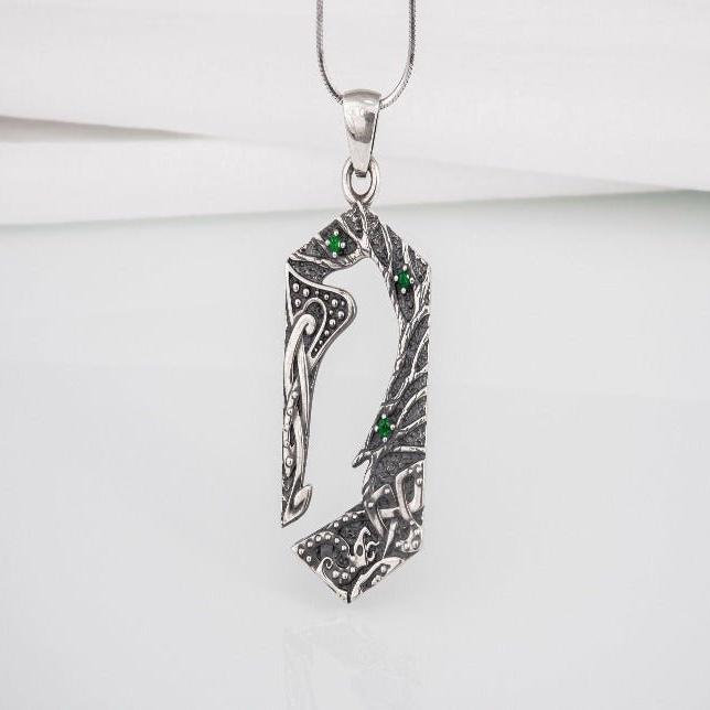 Handcrafted 925 silver Raven pendant with gems and ornament, unique Viking jewelry-5