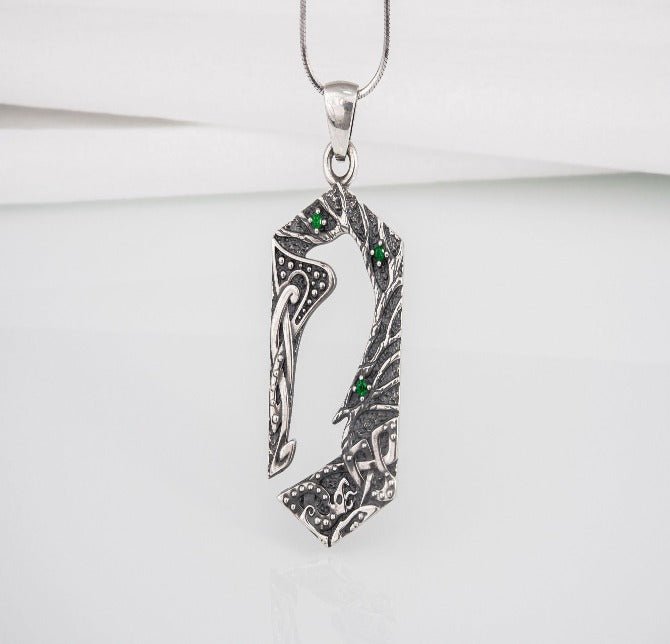 Handcrafted 925 silver Raven pendant with gems and ornament, unique Viking jewelry-5