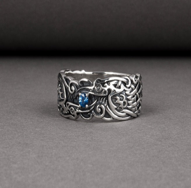 Handcrafted 925 silver Viking ring with Ravens and unique ornament, ancient norse jewelry-2