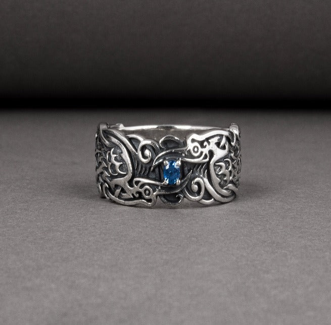 Handcrafted 925 silver Viking ring with Ravens and unique ornament, ancient norse jewelry-3