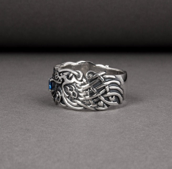 Handcrafted 925 silver Viking ring with Ravens and unique ornament, ancient norse jewelry-4