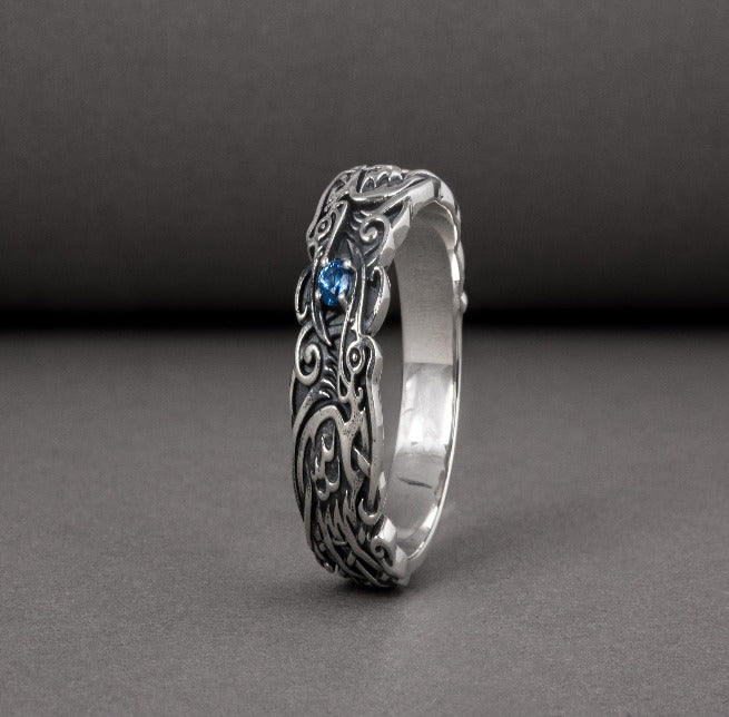 Handcrafted 925 silver Viking ring with Ravens and unique ornament, ancient norse jewelry-5