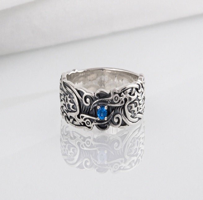 Handcrafted 925 silver Viking ring with Ravens and unique ornament, ancient norse jewelry-6