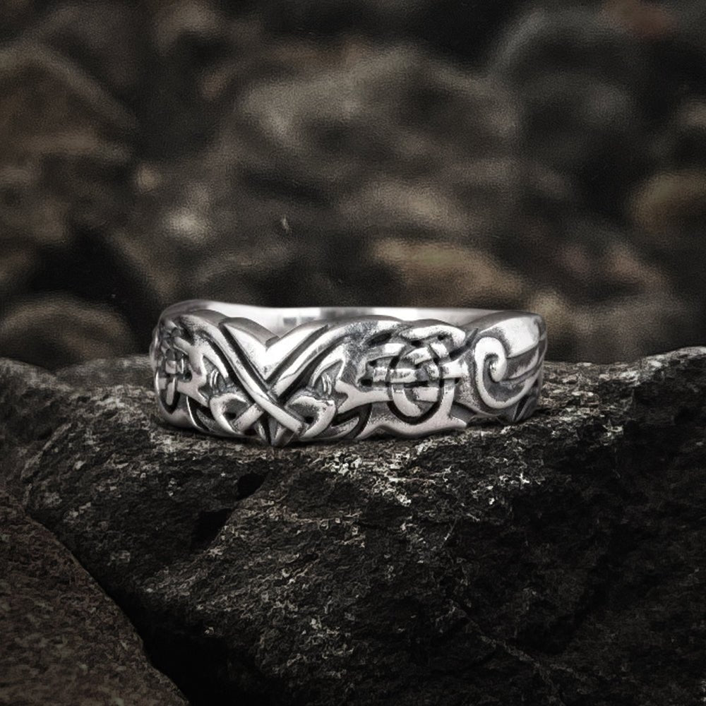 Handmade 925 silver Viking ring with ravens and brutal ancient ornament, unique jewelry-1