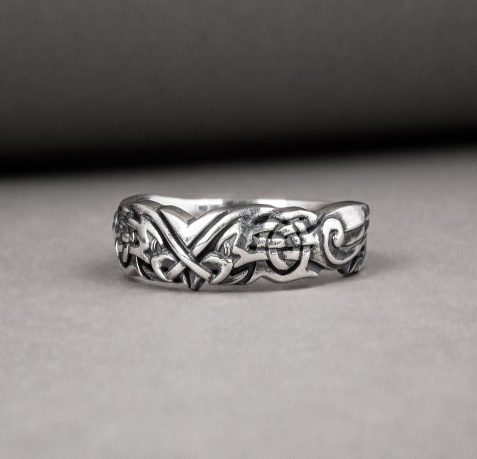 Handmade 925 silver Viking ring with ravens and brutal ancient ornament, unique jewelry-2