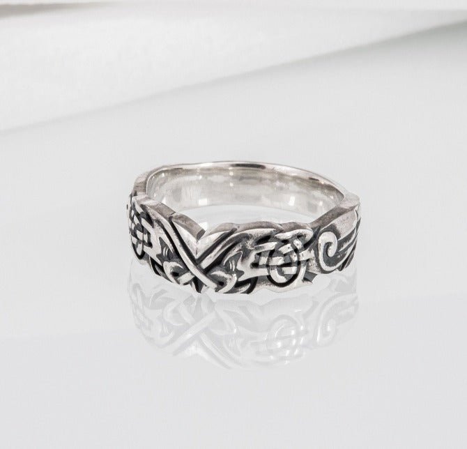 Handmade 925 silver Viking ring with ravens and brutal ancient ornament, unique jewelry-3