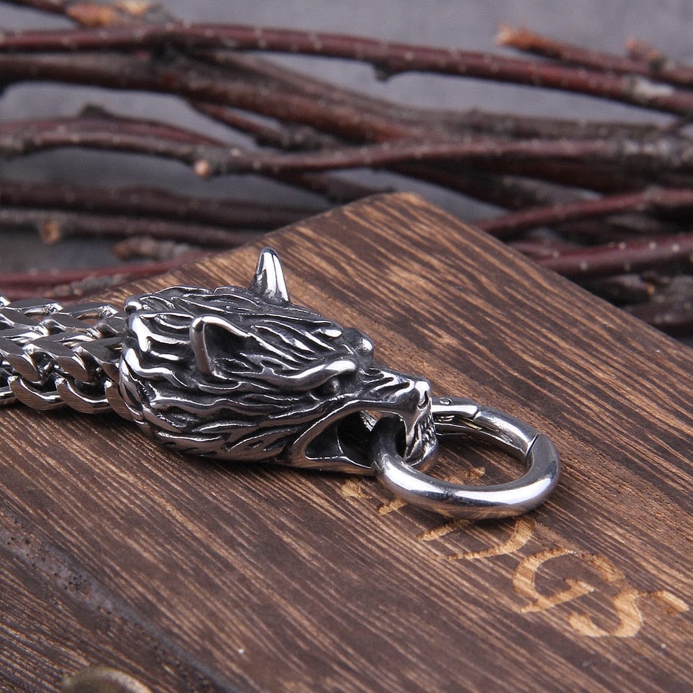Hati and Skoll Viking Wolf Chain Steel Bracelet