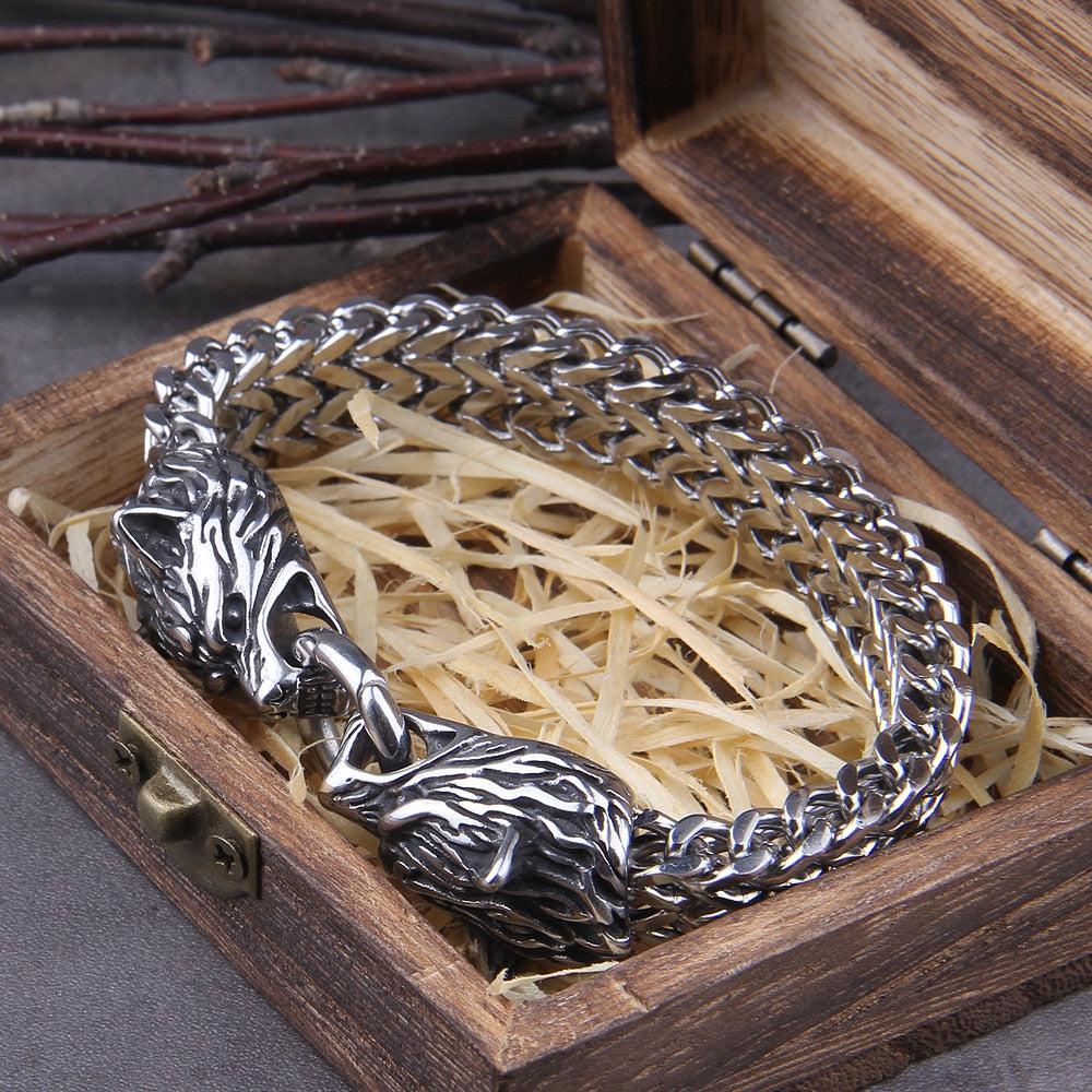 Hati and Skoll Viking Wolf Chain Steel Bracelet in Box