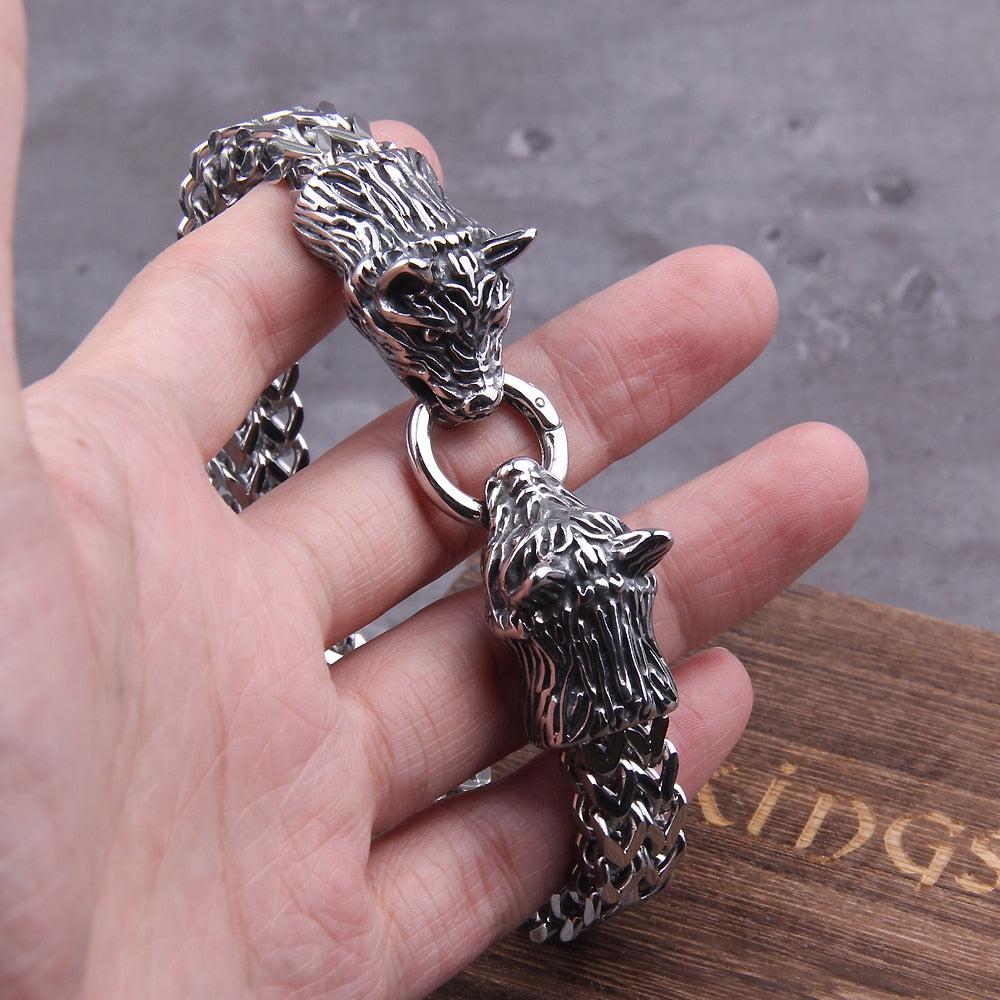 Hati and Skoll Viking Wolf Chain Steel Bracelet