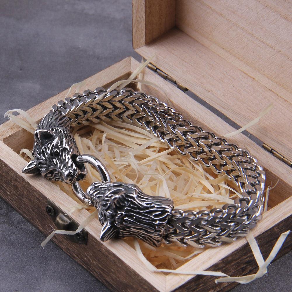Hati and Skoll Viking Wolf Chain Steel Bracelet