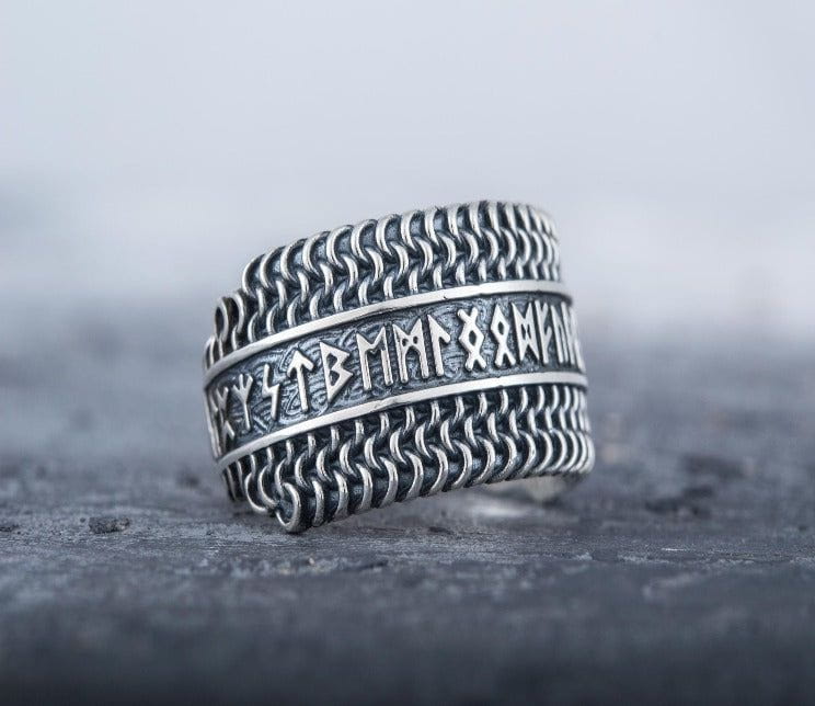 Hauberk Viking Ring with Elder Futhark Runes Sterling Silver Unique Jewelry-1