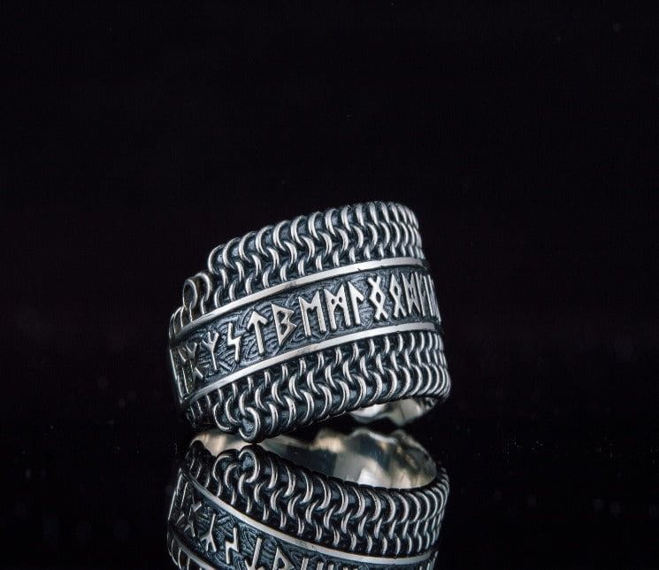 Hauberk Viking Ring with Elder Futhark Runes Sterling Silver Unique Jewelry-2
