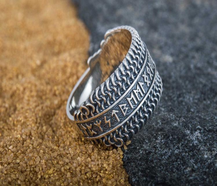 Hauberk Viking Ring with Elder Futhark Runes Sterling Silver Unique Jewelry-3