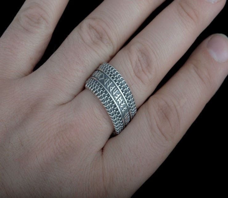 Hauberk Viking Ring with Elder Futhark Runes Sterling Silver Unique Jewelry-5