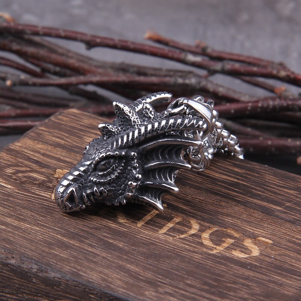 Heavy Steel Viking Dragon Bust Pendant Necklace