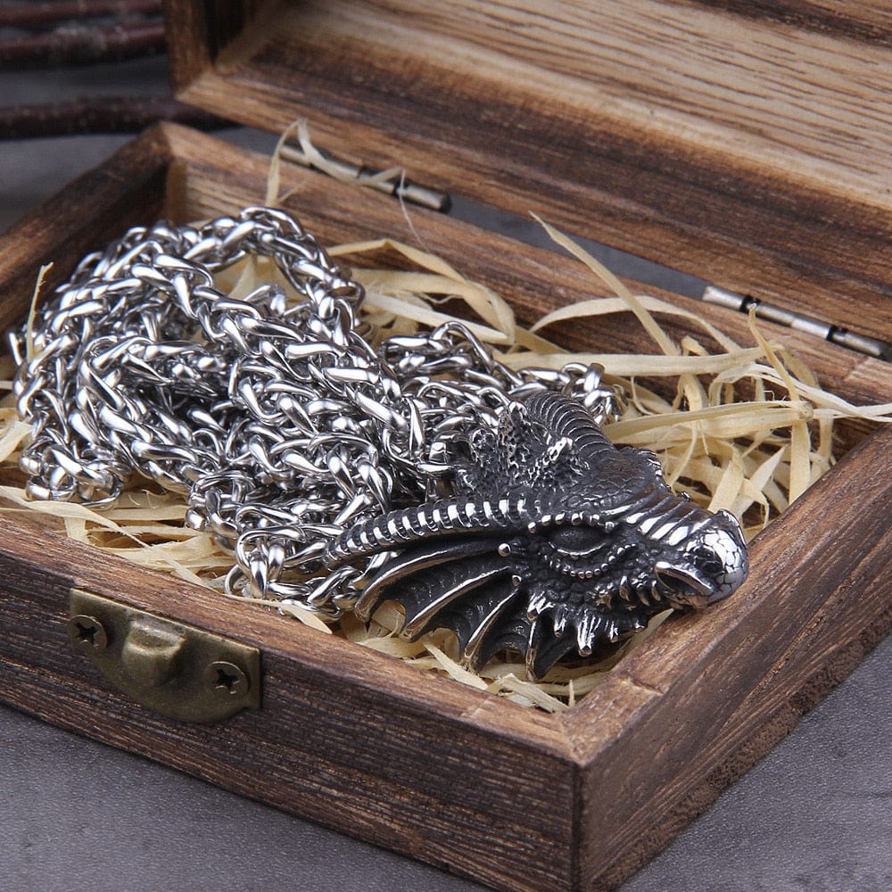 Heavy Steel Viking Dragon Bust Pendant Necklace