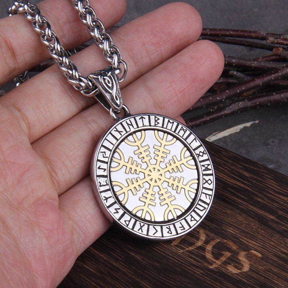 Helm of Awe and Vegvisir Rotating Gold and Steel Talisman Medallion Necklace