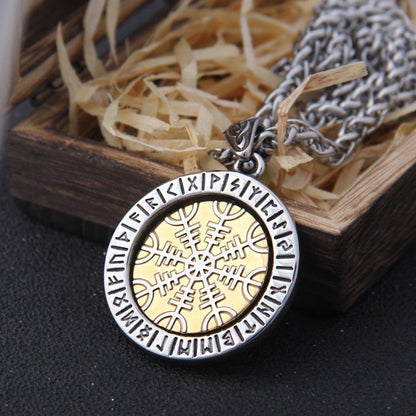 Helm of Awe and Vegvisir Rotating Gold and Steel Talisman Medallion Necklace