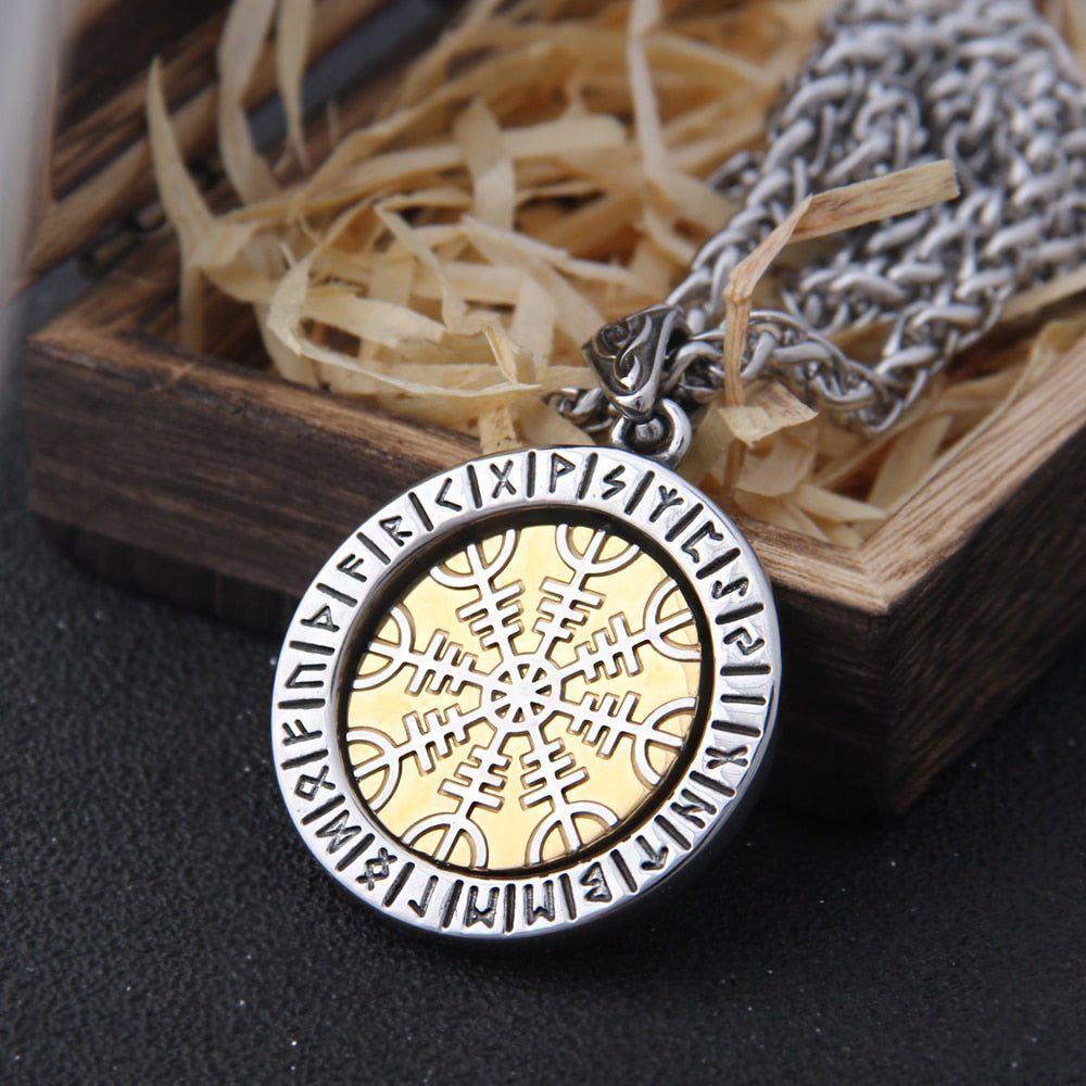 Helm of Awe and Vegvisir Rotating Gold and Steel Talisman Medallion Necklace